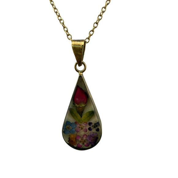 Handmade Real Pressed Flower Teardrop Pendant Necklace Gold-Toned Chain & Mixed - Picture 2 of 10